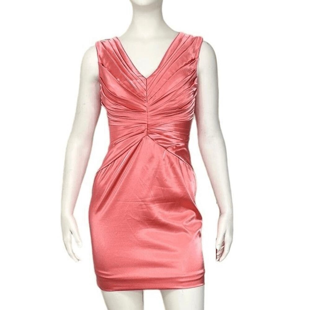 London Times Petite 6 Pink Satin V-Neck Pin Tucked Sleeveless Mini Dress Party